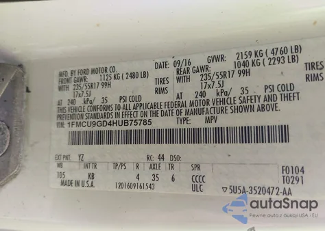 2017 Ford Escape Se from USA, damaged, VIN 1FMCU9GD4HUB75785